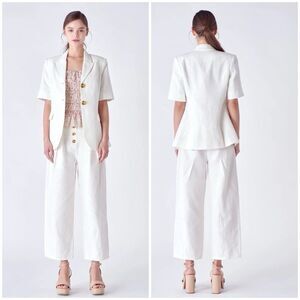 English Factory Linen Blazer Off White Short Sleeve Button Front Jacket Small